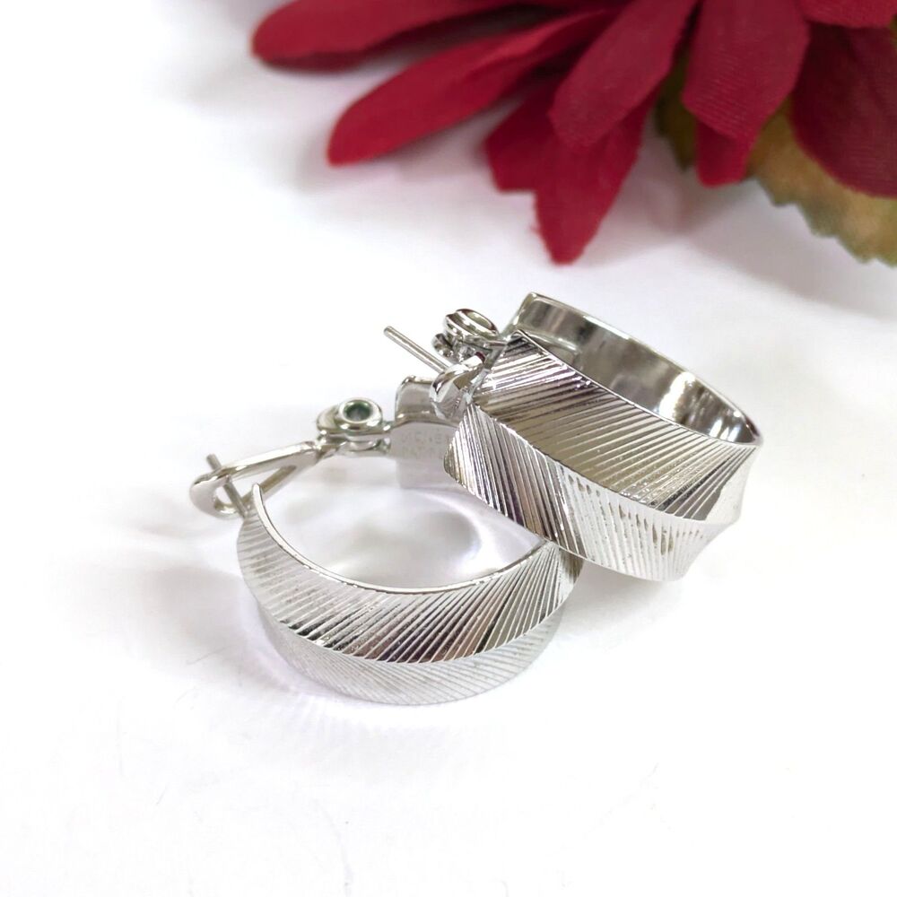 Vintage Monet Silver Tone Chevron Hoop Earrings 80s Textured Ribbed Signed